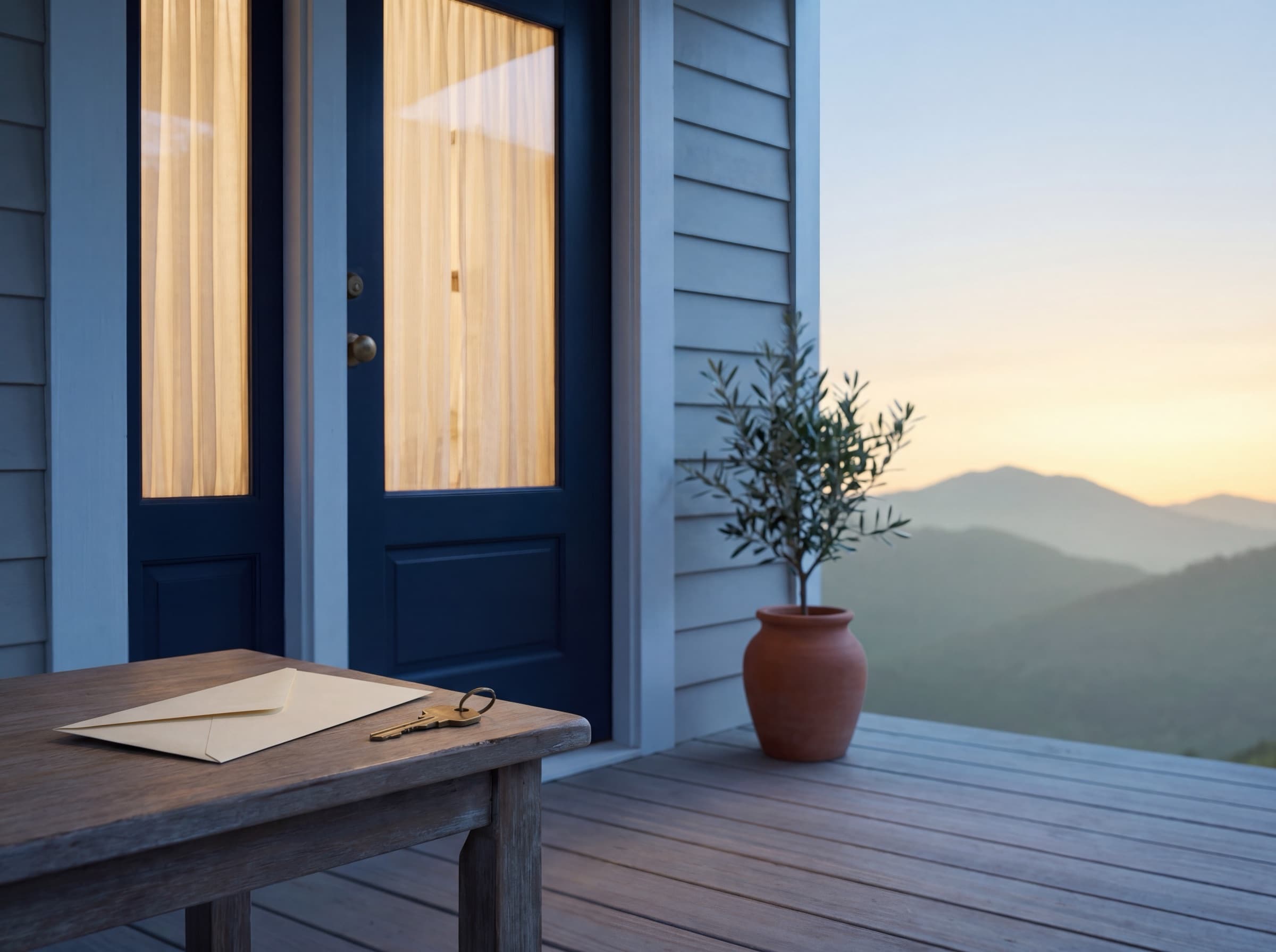 A brass key and a single folded envelope resting on a weathered wooden table beside a navy craftsman front door at dawn, with a small olive plant in a terracotta vase and distant mountains beyond the porch.