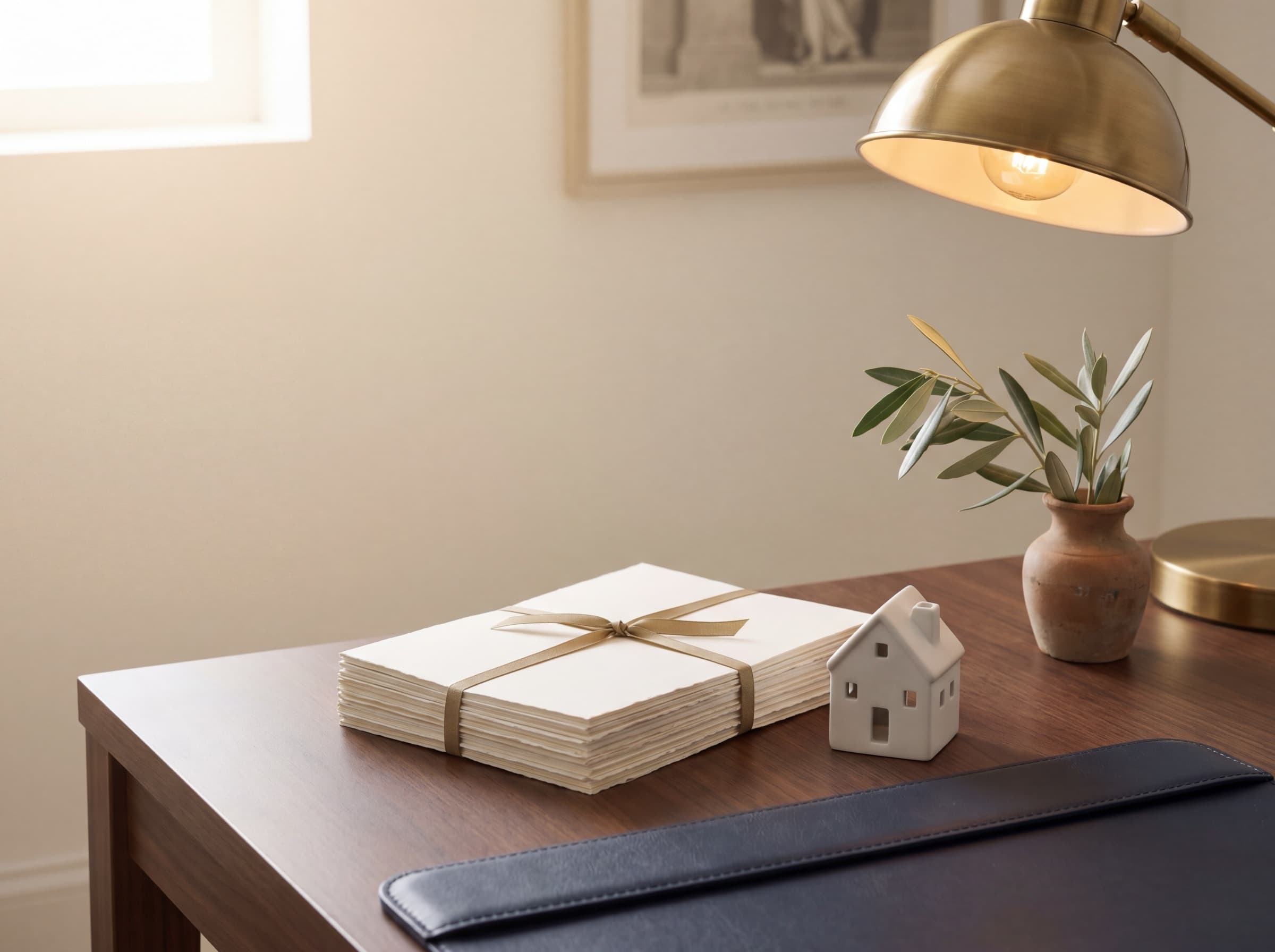 An organized stack of unmarked cream papers tied with a gold ribbon on a wooden desk beside a small white ceramic house figurine, a brass desk lamp, and a clay vase with a single olive branch.