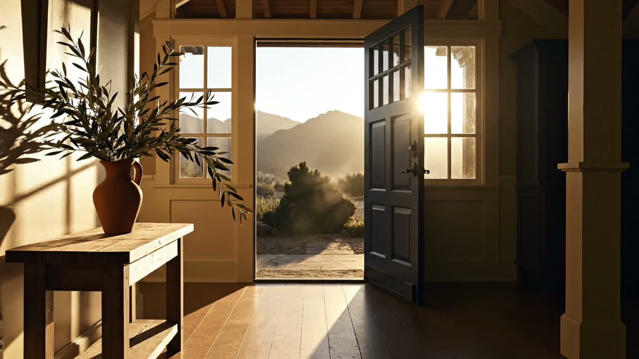 A brass key and a single folded envelope resting on a weathered wooden table beside a navy craftsman front door at dawn, with a small olive plant in a terracotta vase and distant mountains beyond the porch.