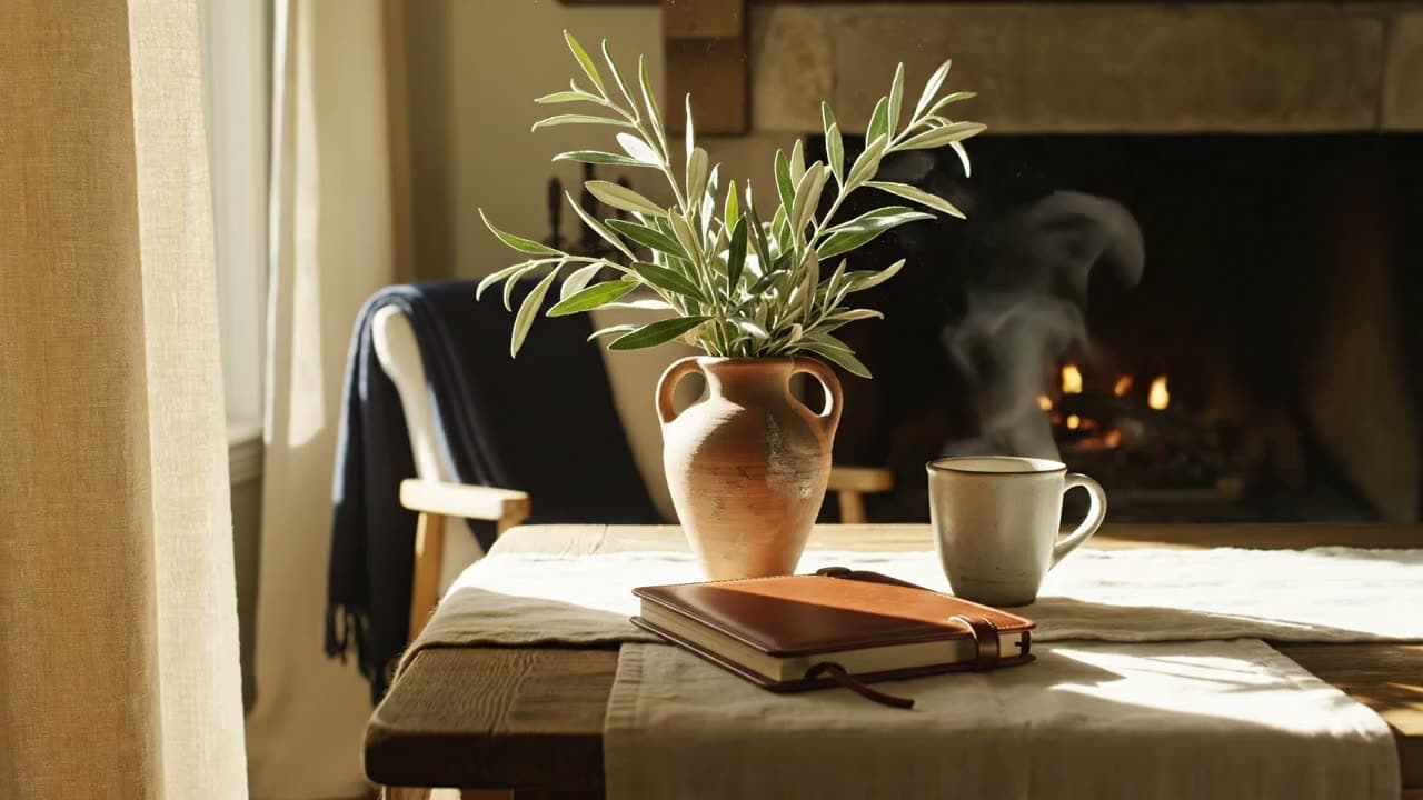 A warm sunlit room with a wooden table, cream linen runner, a clay vase of olive and sage leaves, a closed leather notebook, a ceramic mug, a navy throw over a cream chair, and a quiet stone fireplace.