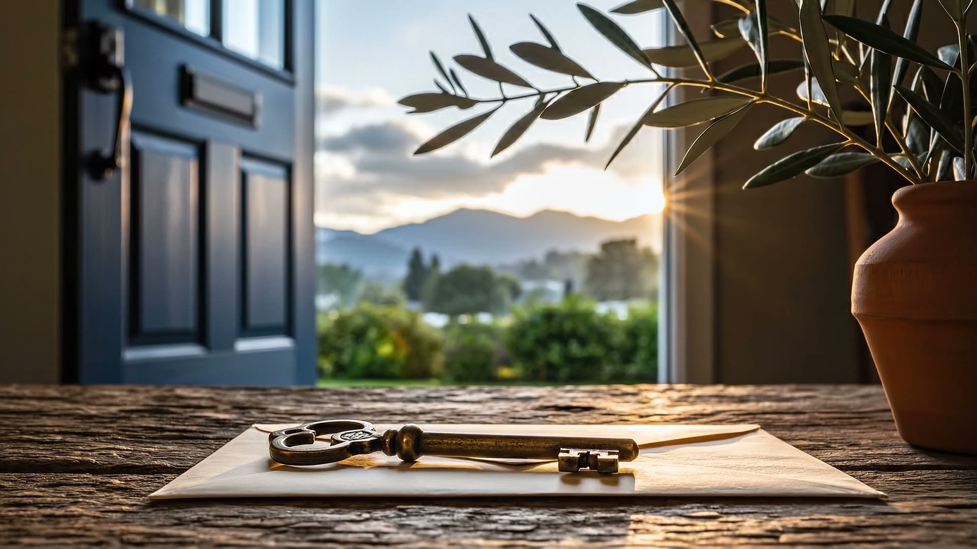 An organized stack of unmarked cream papers tied with a gold ribbon on a wooden desk beside a small white ceramic house figurine, a brass desk lamp, and a clay vase with a single olive branch.
